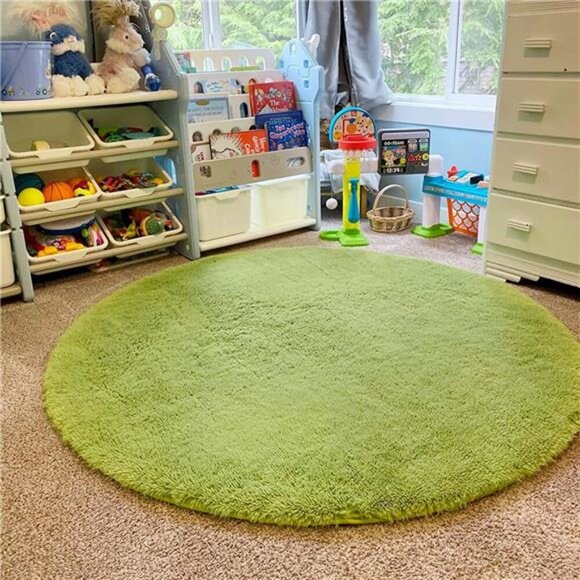 Grass Green Round Rug for Bedroom,Fluffy Circle Rug 4'X4' for Kids Room,Furry - Picture 6 of 7